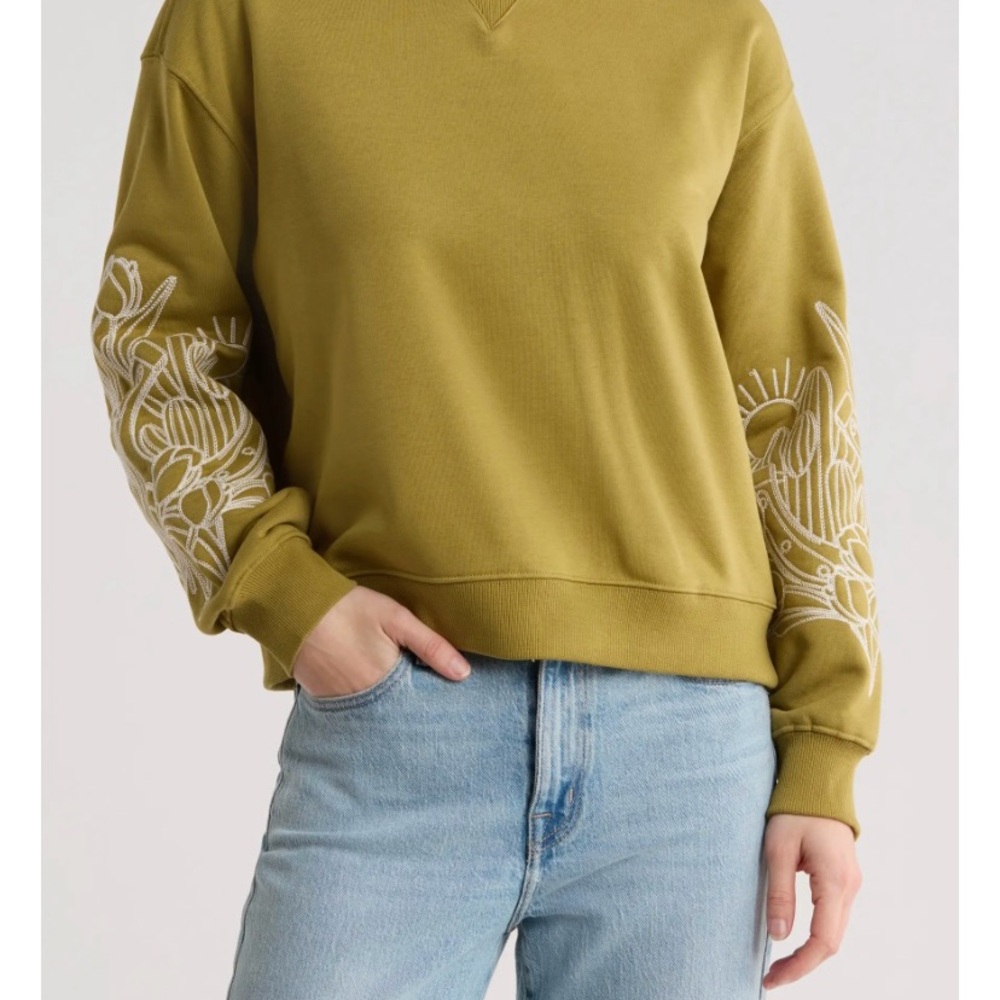 Scotch & Soda Olive Green Crewneck Sweatshirt with White Sleeve Embroidery